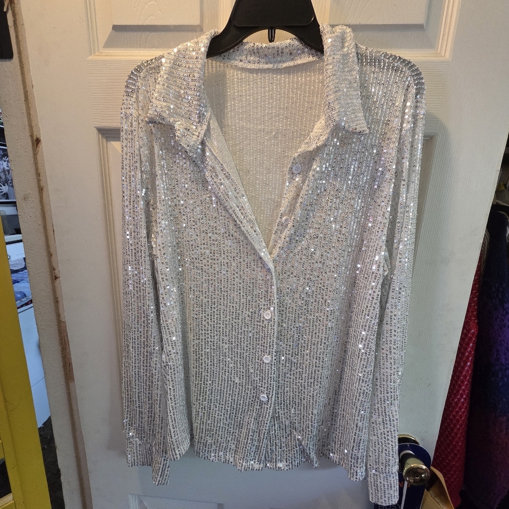 Sequin Button-Down Shirt - Silver
